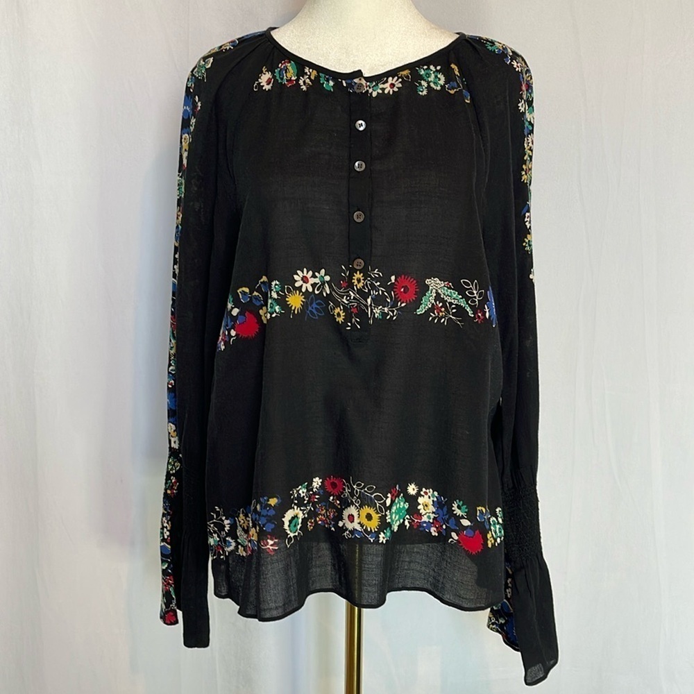 Derek Lam Floral Button Front Blouse Sz 6 Black Long Bell Sleeve Boho Sheer EUC